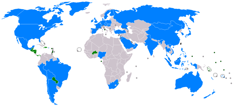 Státy s ambasádou na území Tchaj-wanu (zelená) a státy s neoficiálními vztahy (modrá)